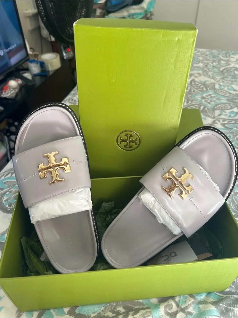 Tory Burch Pale Mauve Logo Slide Sandals
